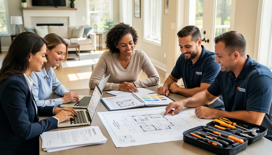 Solar company team meeting with homeowner to review installation details