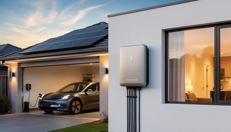 Modern home with rooftop solar panels and visible battery storage system in garage