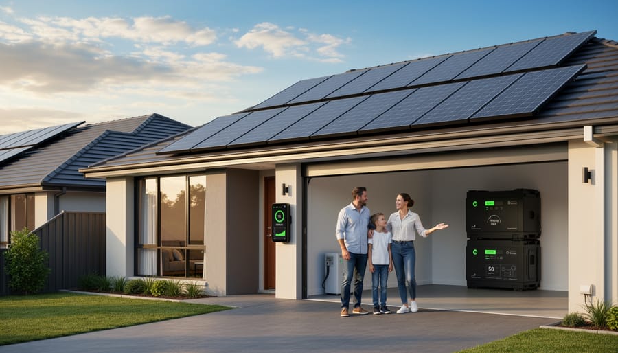 Residential home with solar panels and battery storage system installed