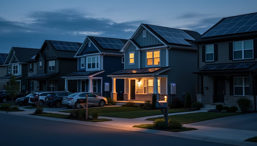 Solar-equipped home with lights on during power outage while neighboring homes are dark