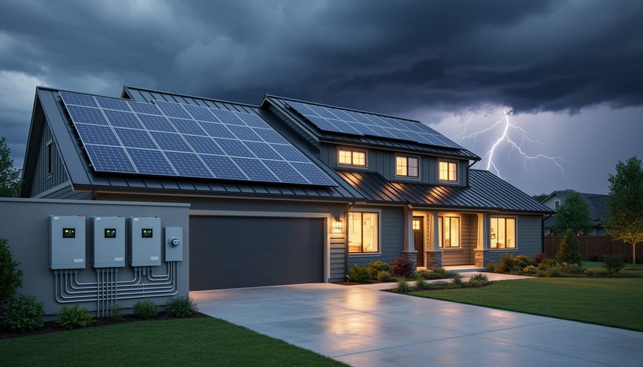 Home with solar panels maintaining power during storm with lights on inside