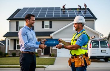 Sales representative passing a project folder to a hard-hat installation manager outside a suburban house with rooftop solar panels, with a crew on the roof and a service van in the driveway at golden hour