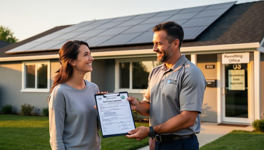 Professional installation crew mounting solar panels on residential rooftop