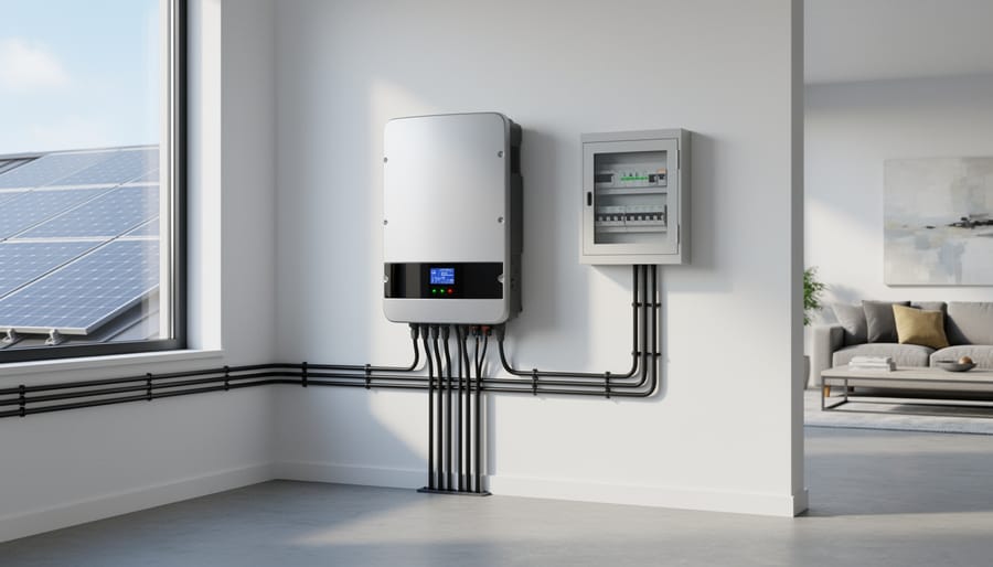 Black solar inverter unit mounted on residential home exterior wall