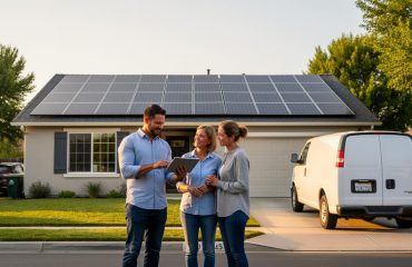 Homeowner couple consults with a solar installer holding a tablet in front of a house with rooftop solar panels at golden hour; quiet suburban street and unbranded service van in the background.