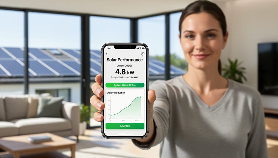 Person using smartphone app to monitor home solar panel system performance