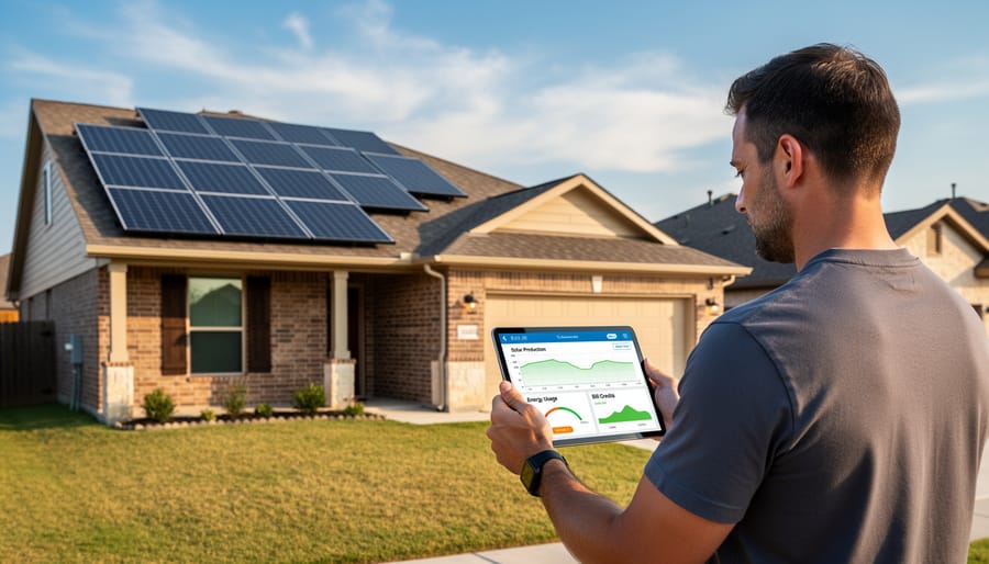 Person checking solar energy production and savings on smartphone app