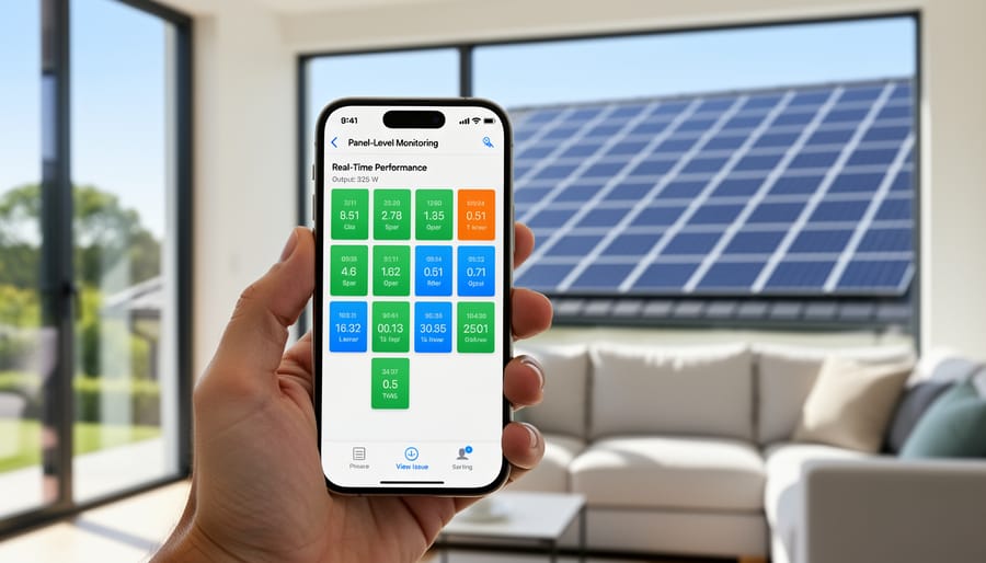 Homeowner checking solar panel performance on smartphone monitoring app with rooftop solar installation visible