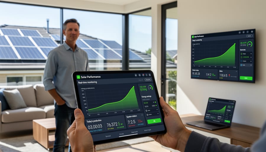 Homeowner checking solar panel performance on smartphone monitoring app