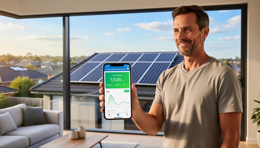 Person checking solar system performance on smartphone at home