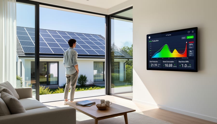 Residential solar panels installed on home roof with monitoring system