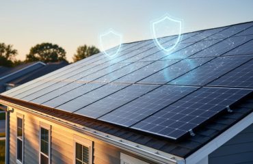 Low-angle view of a suburban house roof with sleek solar panels at golden hour, accented by a faint shield-like glow and network pattern suggesting cybersecurity, with soft trees and neighboring roofs in the background.