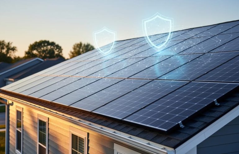 Low-angle view of a suburban house roof with sleek solar panels at golden hour, accented by a faint shield-like glow and network pattern suggesting cybersecurity, with soft trees and neighboring roofs in the background.