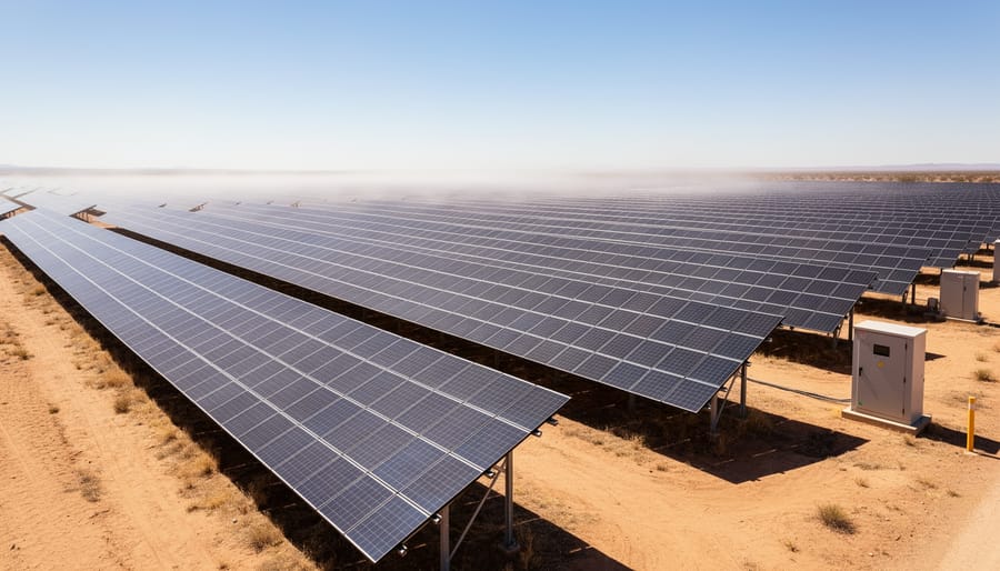 Residential solar panels on rooftop under intense summer sunlight in hot climate