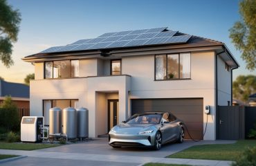 Modern home with glassy rooftop solar panels, a compact electrolyzer and cylindrical hydrogen storage tanks beside the house, and a fuel-cell car connected to a home fueling nozzle at golden hour.