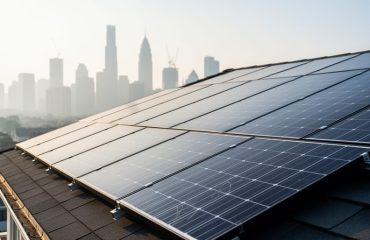 Low-angle view of blue-black solar panels on a residential rooftop with a hazy urban skyline in the background as golden sunlight breaks through smog.