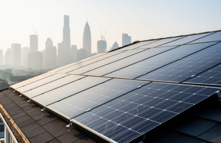 Low-angle view of blue-black solar panels on a residential rooftop with a hazy urban skyline in the background as golden sunlight breaks through smog.