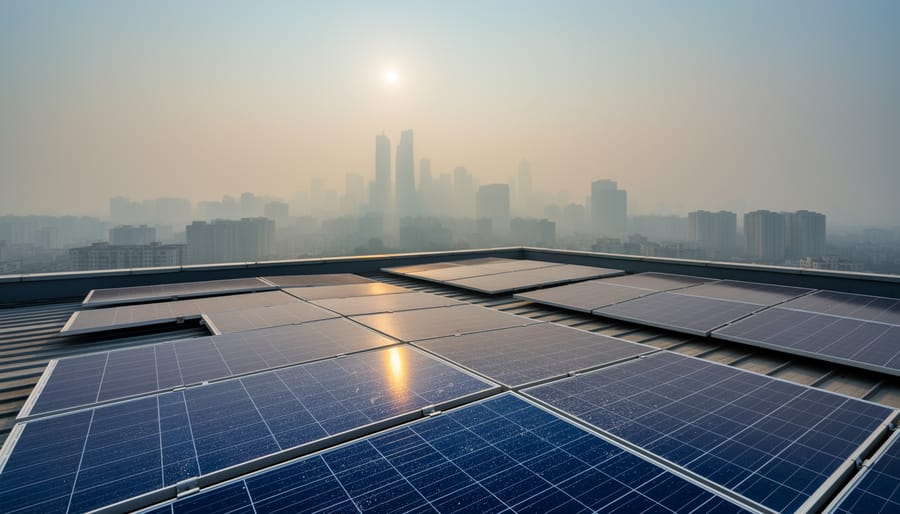 Solar panels installed on residential rooftop with smoggy urban skyline visible in background