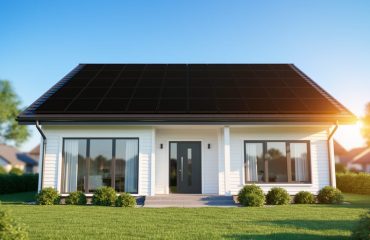 Low-angle view of a suburban house with black solar panels across a sunlit roof under a clear sky, with trees and distant rooftops softly blurred in the background.