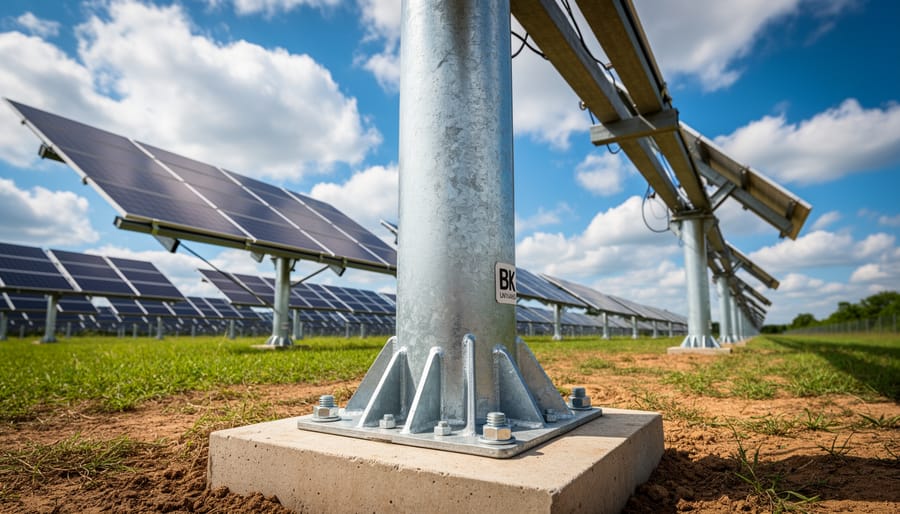 Close-up of sturdy solar panel pole mount foundation and steel support structure