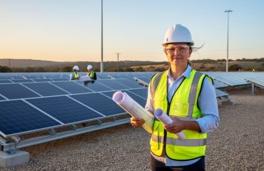 Solar project developer wearing a reflective vest and hard hat holds rolled plans at a solar farm under construction, with partially installed solar panels, racking, workers, and utility poles softly blurred in golden hour light.