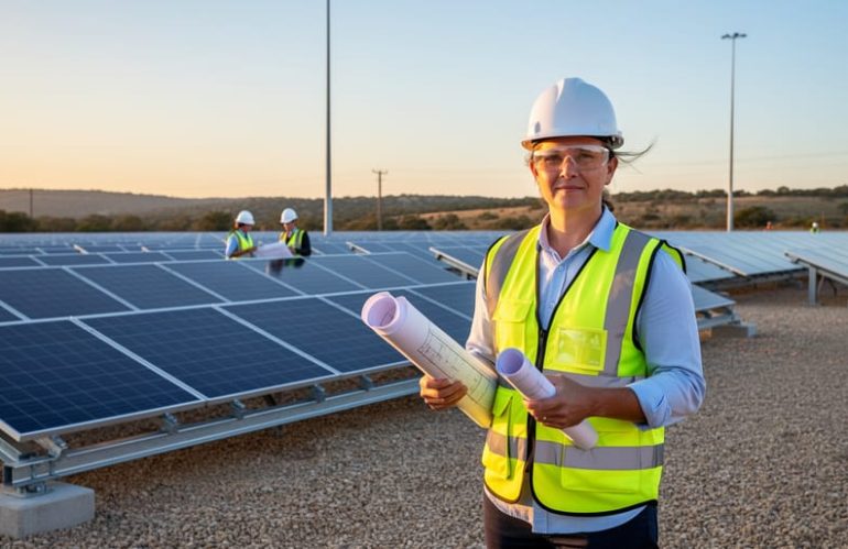 Solar project developer wearing a reflective vest and hard hat holds rolled plans at a solar farm under construction, with partially installed solar panels, racking, workers, and utility poles softly blurred in golden hour light.