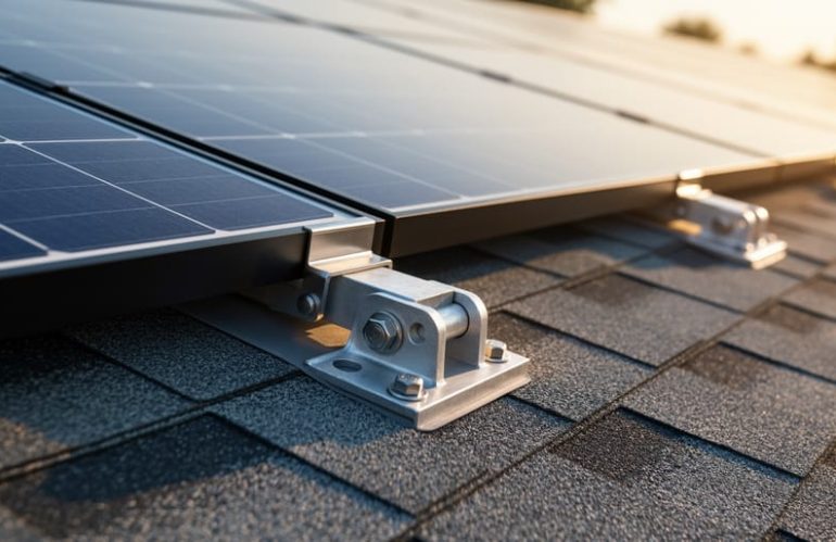 Close-up of aluminum racking hardware and flashing securing a solar panel to an asphalt shingle roof, with warm side lighting and blurred panels in the background