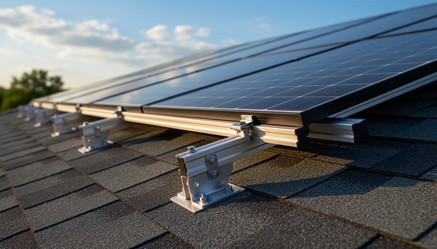 Close-up view of aluminum solar panel racking system mounted on residential roof showing rails and mounting hardware