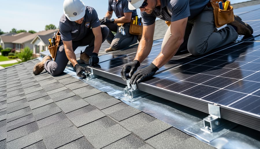 Close-up of installer applying waterproof flashing around solar panel mounting hardware on roof
