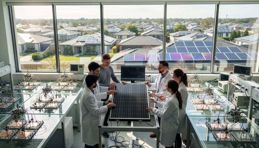 Research scientist examining advanced solar cell technology in laboratory setting