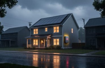 Suburban house with rooftop solar panels and a wall-mounted battery glowing with warm interior lights during a heavy rainstorm, while nearby homes are dark; wet street, storm clouds, and faint power lines in the background.