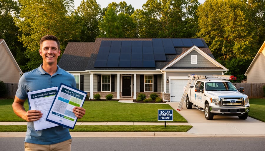 Hands holding cash and miniature solar panel representing solar savings and incentives