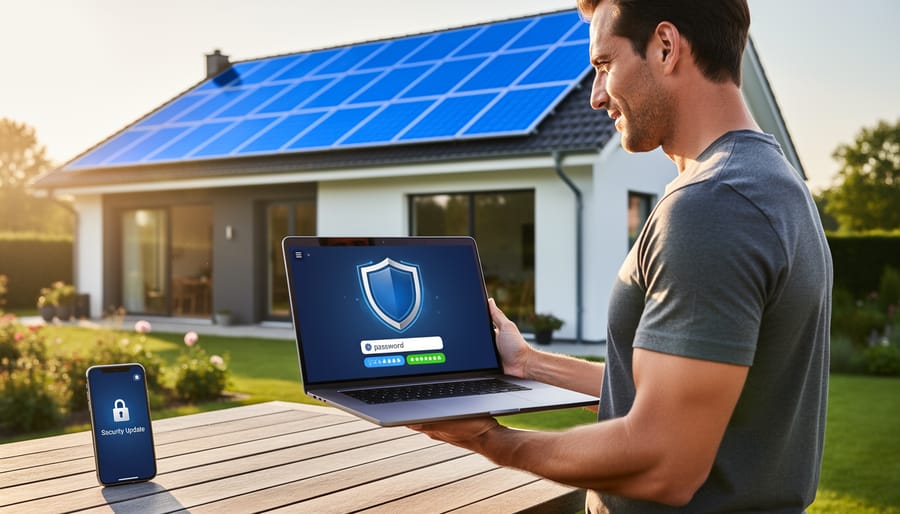 Person implementing cybersecurity measures for home solar monitoring system