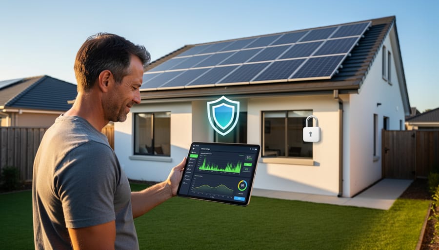 Homeowner monitoring solar panel system on smartphone with house in background