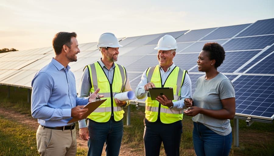Team of professionals collaborating at solar farm construction site with solar panels in background