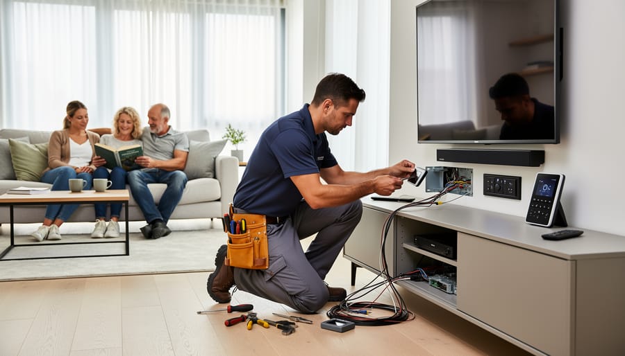 Solar technician performing electronics upgrade work on residential rooftop solar panel system