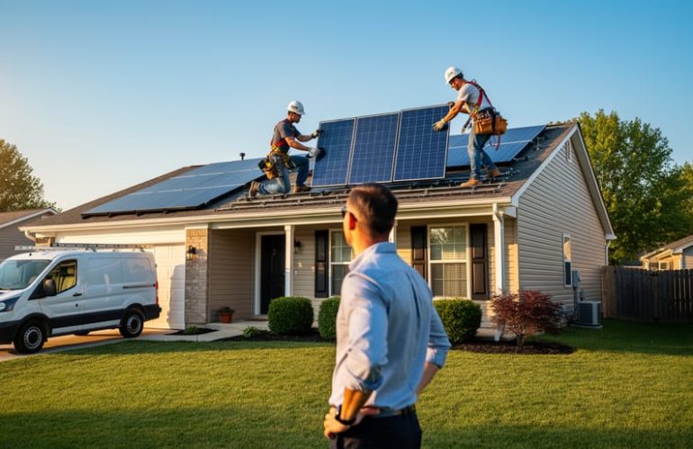 Two installers in safety gear attaching photovoltaic panels on a suburban house roof at golden hour, seen from a low angle, with a homeowner watching and an unbranded service van in the background.
