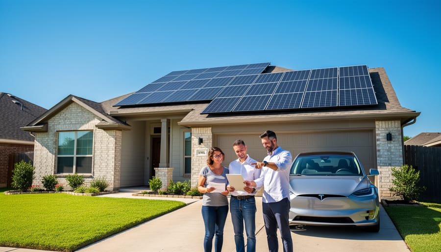 Solar panels installed on suburban Texas home rooftop on sunny day