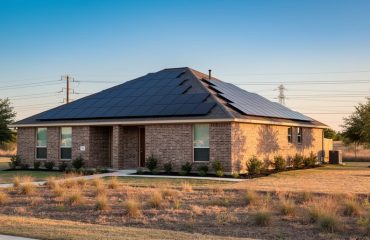 Texas brick suburban house with rooftop solar panels at golden hour, sharp panels in foreground and softly blurred transmission lines, native landscaping, and blue sky in the background.