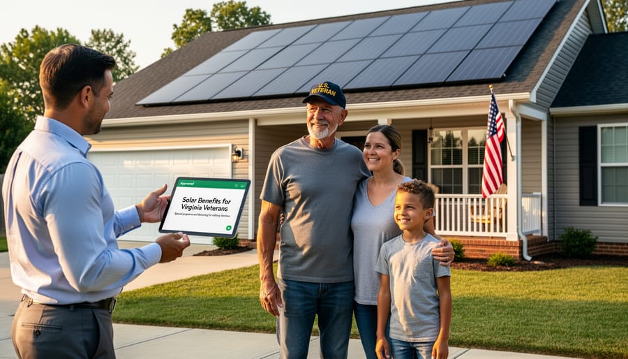 Veteran couple standing proudly in front of their solar-powered Virginia home