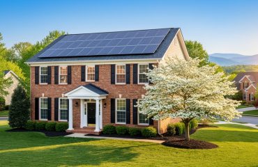 Eye-level three-quarter view of a Virginia brick colonial home with rooftop solar panels, golden hour light, front lawn and blooming dogwood, with a tree-lined neighborhood and distant Blue Ridge foothills in the background.