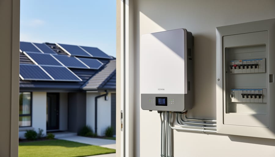 Residential solar panel installation with inverter unit mounted on home exterior wall