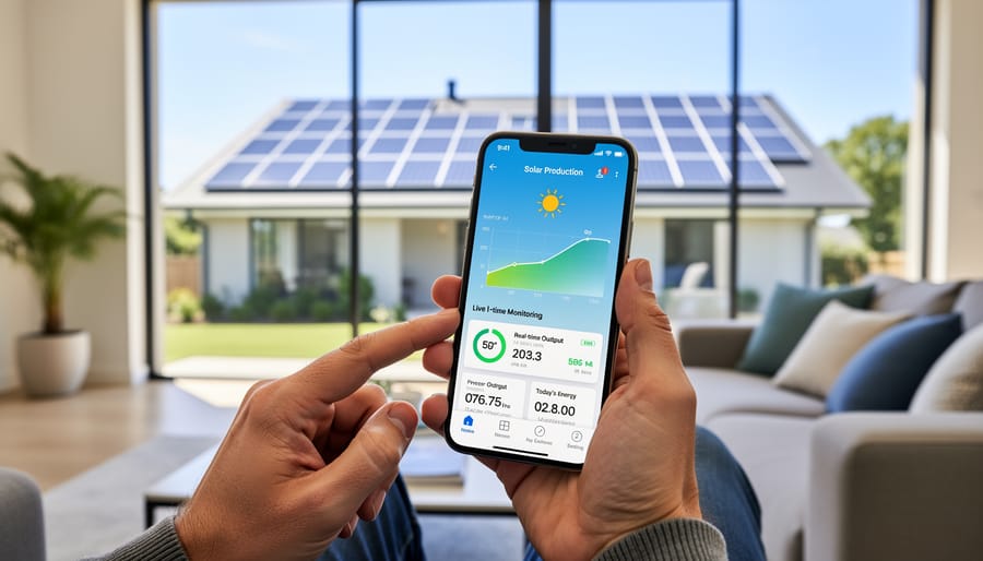 Homeowner monitoring solar system performance on smartphone with solar panels visible through window