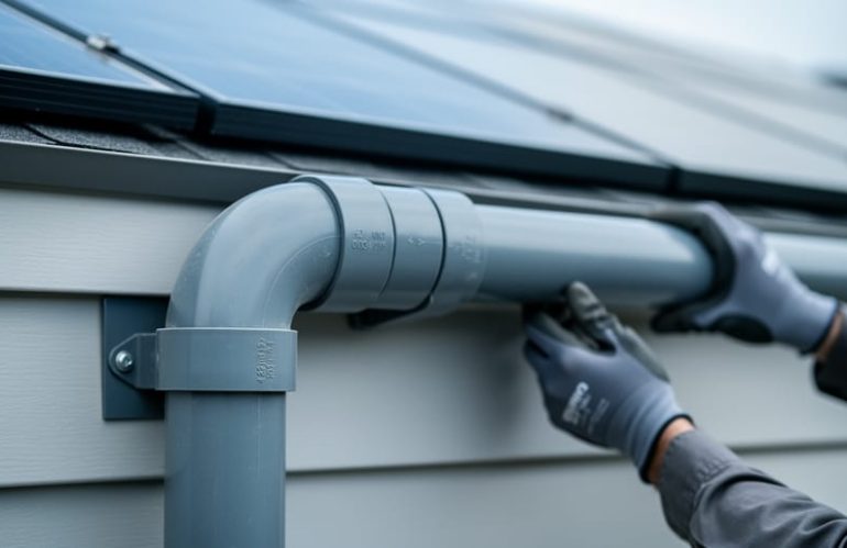 Close-up of a gray 4-inch PVC electrical conduit with a sweep elbow mounted on a house exterior, leading from rooftop solar panels toward the service area, with blurred panels, siding, and an installer’s gloved hands in the background.