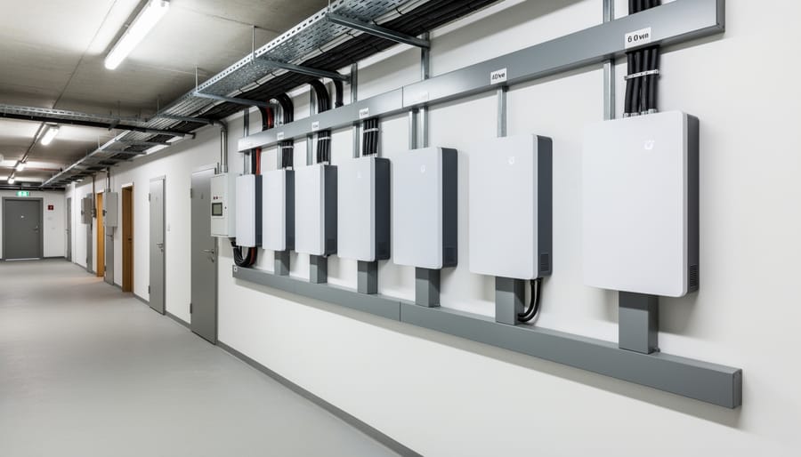 Battery storage units installed at a modern apartment building exterior