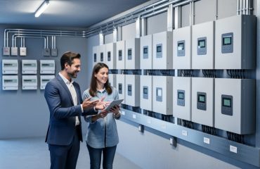 Property manager and resident review a tablet beside unbranded wall-mounted battery storage cabinets and inverters in a modern apartment building utility room, with conduits and multi-unit electric meters in the background.