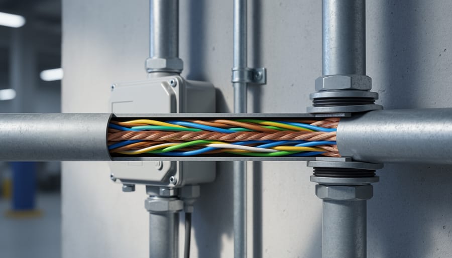 Close-up of electrical wires inside 4-inch PVC conduit showing proper wire capacity and spacing