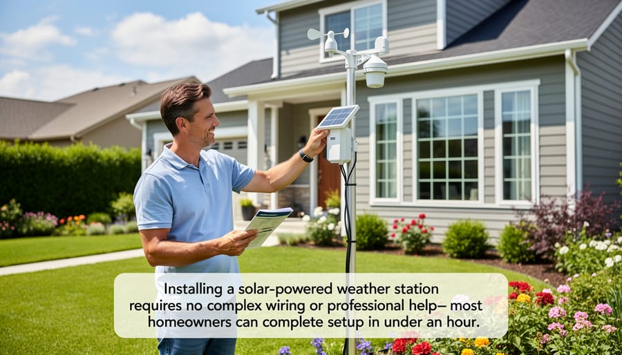 Close-up of hands installing solar-powered weather station on mounting pole