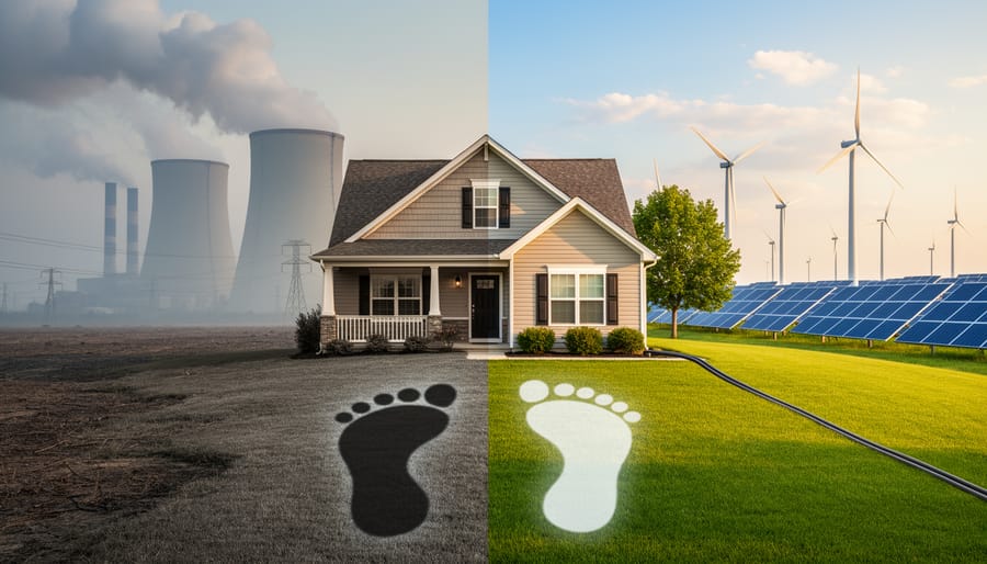 Coal power plant cooling towers in background with solar panels in foreground showing energy source contrast