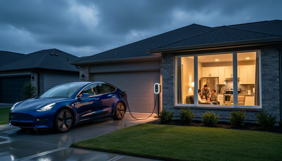 Home with lights powered by electric vehicle during evening showcasing backup power capability